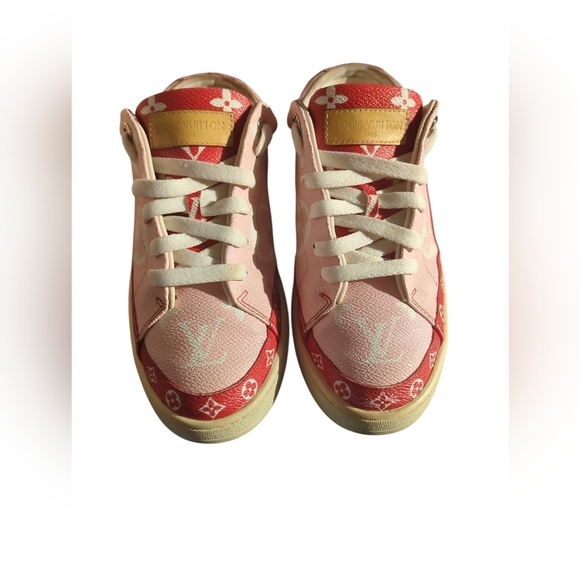 Louis Vuitton Time Out backless slip-on sneakers in pink and red monogram canvas